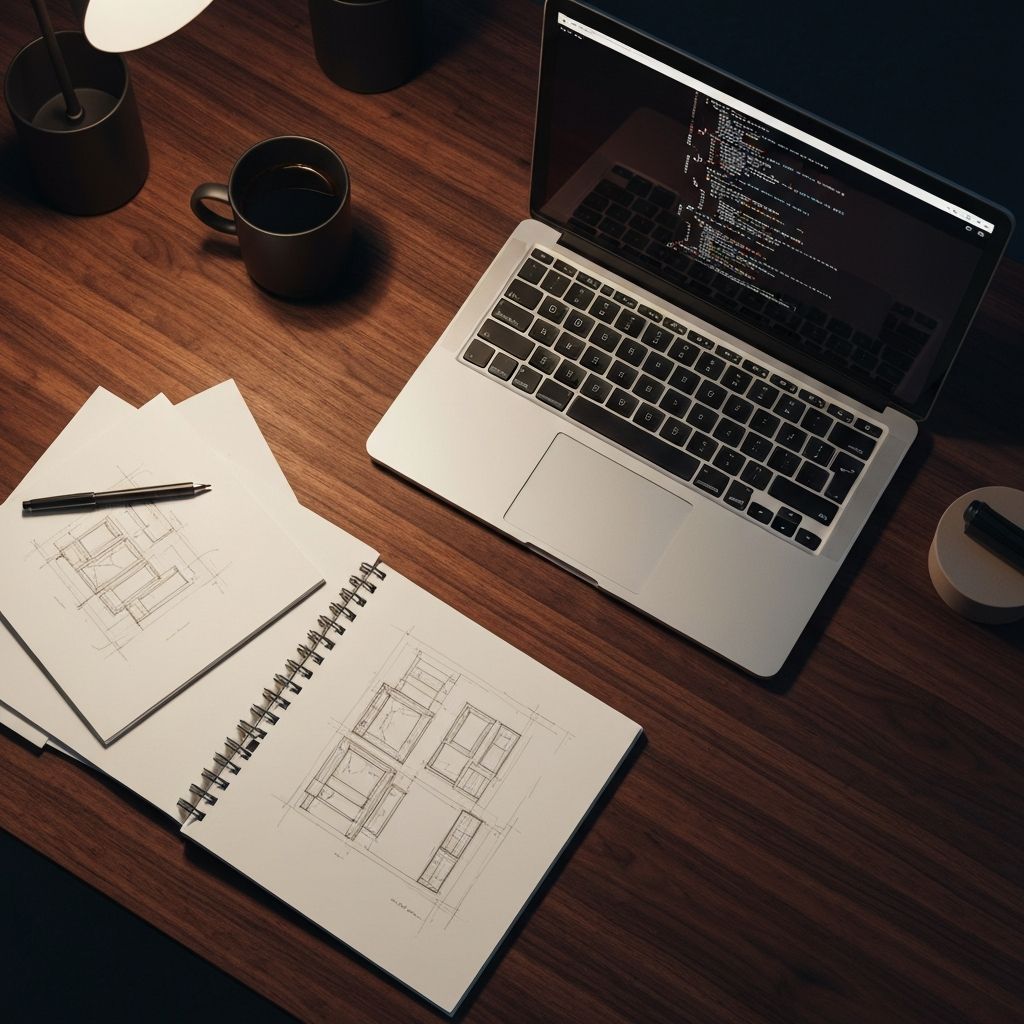 Modern workspace with laptop and design tools